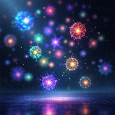 The primary subject of the image is a group of colorful, glowing balls floating in the air. The setting is a dark background, which emphasizes the vibrant colors of the balls. The visual style appears to be a combination of digital art and illustration, creating a dynamic and lively atmosphere. The dominant colors are purple, blue, and orange, which contribute to the overall mood of the image.